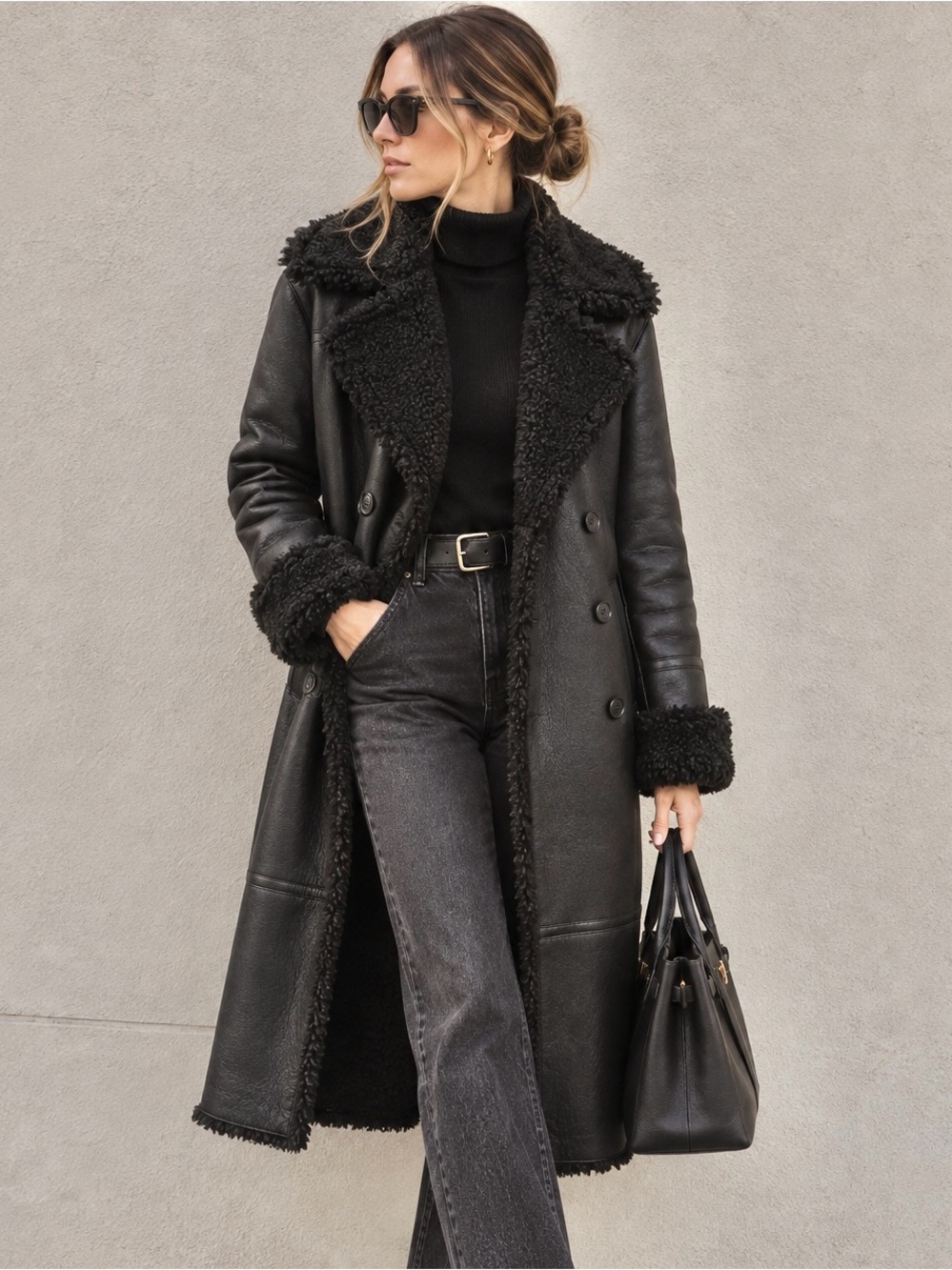 FRYE Black Faux Shearling Long Coat Double Breasted Size M AD2831